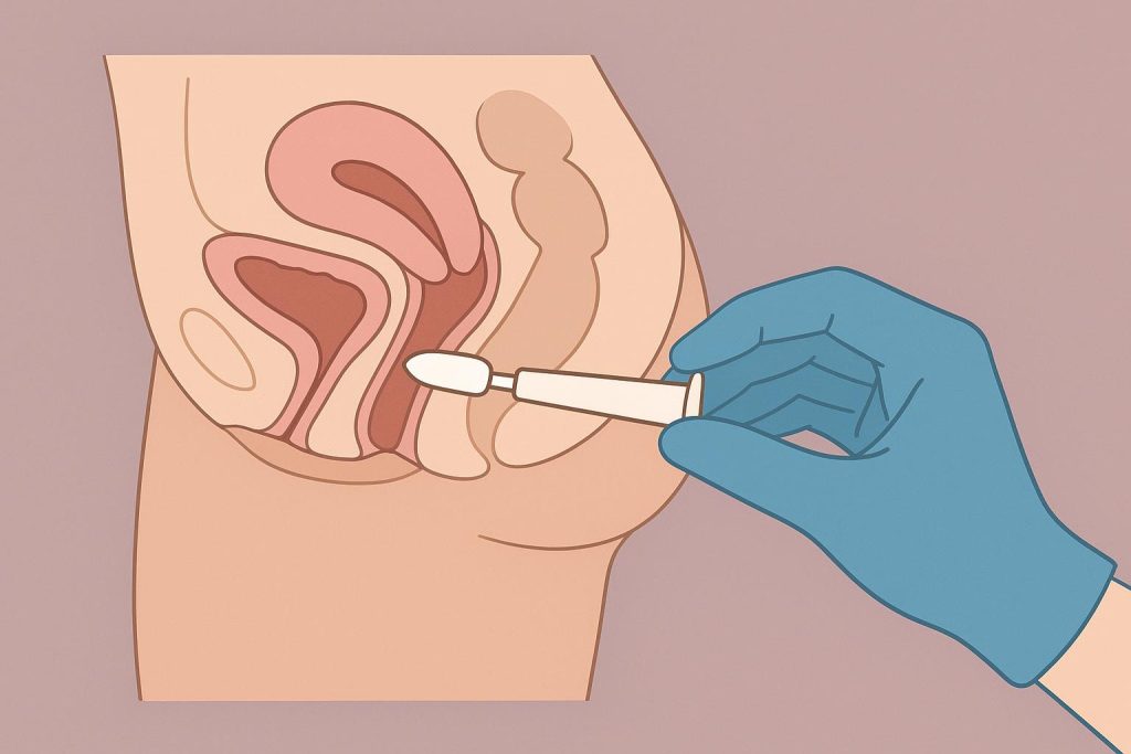 Illustration showing proper insertion of a vaginal suppository for women's health guidance