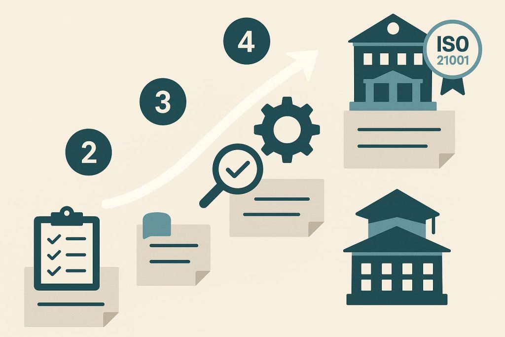 5 Steps to Achieving ISO 21001 Certification for Your Educational Organization ISO 21001 certification process steps for educational organizations illustrated with checklist