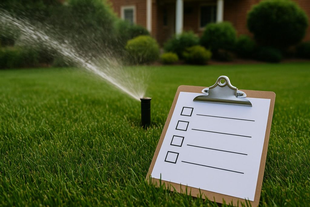 Lawn Sprinkler System Maintenance Checklist for Homeowners in Saddle Brook NJ Lawn sprinkler system operating on green grass in a Saddle Brook NJ suburban backyard