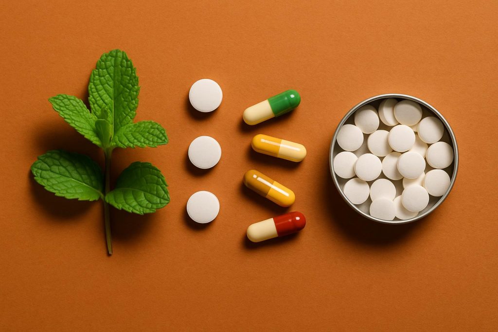 The Case for Functional Mints Over Pills and Powders Assorted functional mints compared to supplement pills and powders on a clean tabletop surface