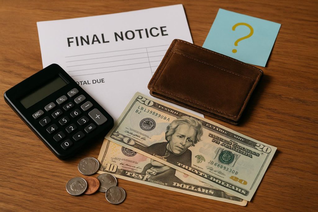 What to Do When an Unexpected Expense Hits and You’re Short on Cash Wallet with a few dollar bills and coins on a table, symbolizing financial hardship and expenses