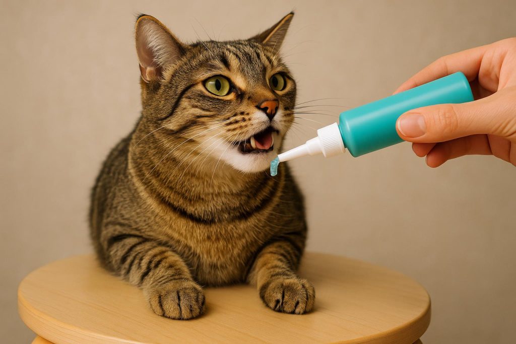 The No-Brushing Cat Dental Gel Everyone’s Suddenly Obsessed With Gray tabby cat licking lips next to popular no-brushing dental gel for pet oral health