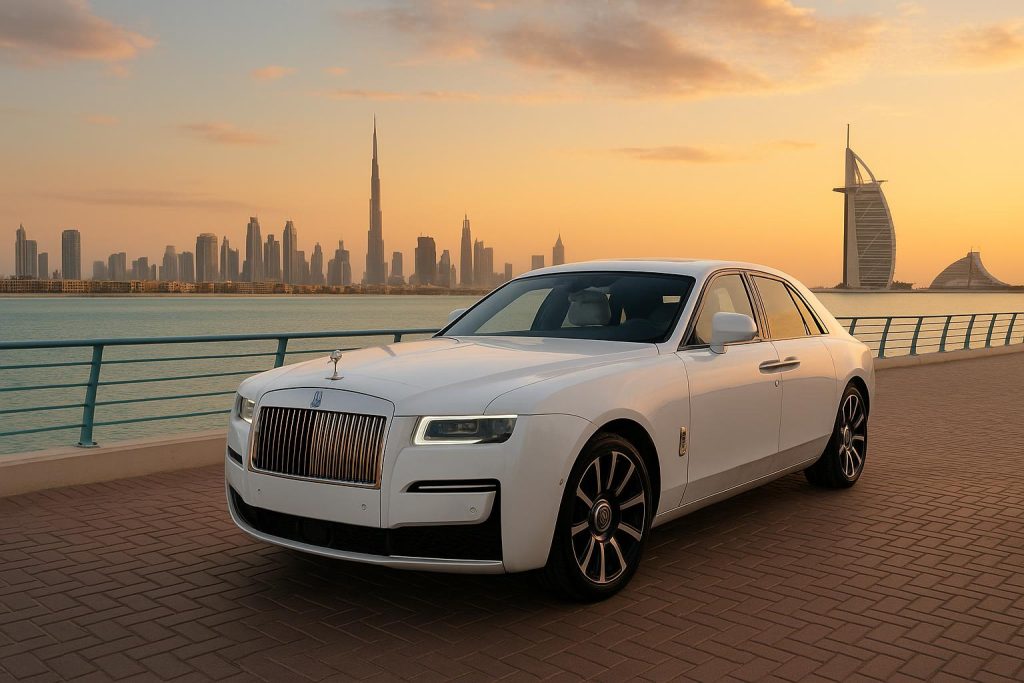 Rolls Royce luxury car parked in Dubai with iconic city skyline in the background