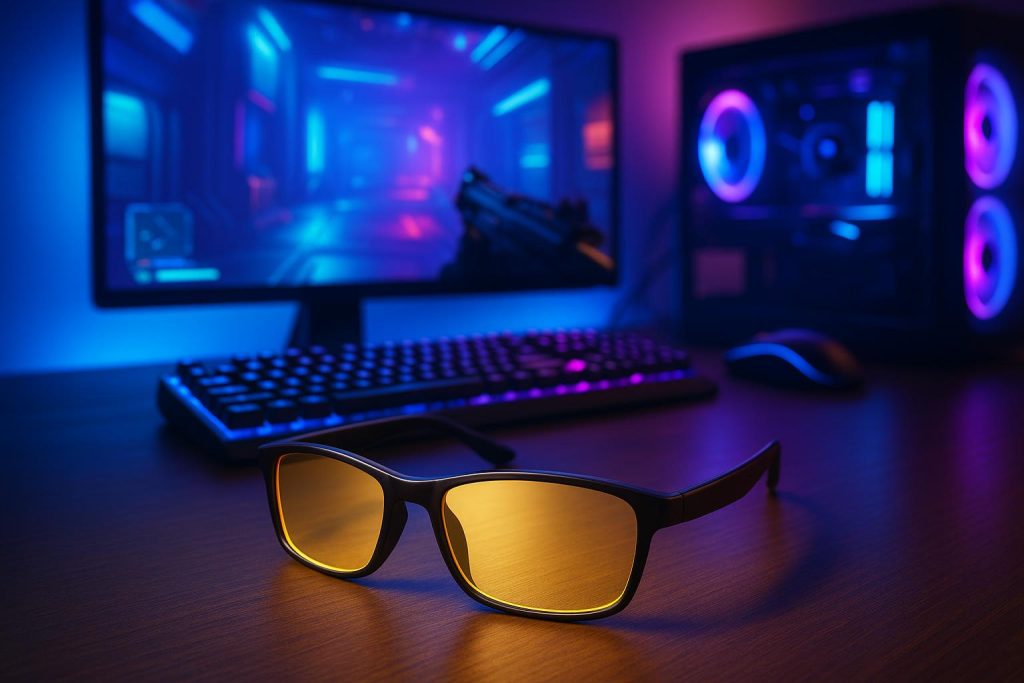 Why You Should Consider Buying Gaming Glasses As A Pro Gamer Pro gamer wearing gaming glasses focused on computer screen in high-tech gaming setup