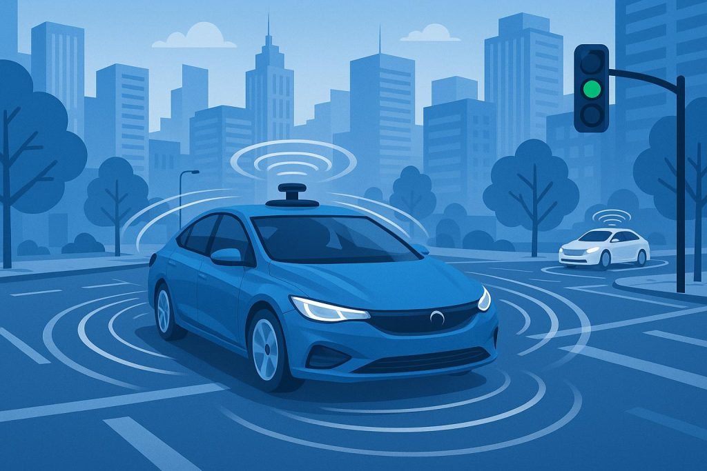 The Transformative Impact of Self-Driving Cars on Urban Transportation Self-driving car navigating city streets, highlighting advancements in urban transportation