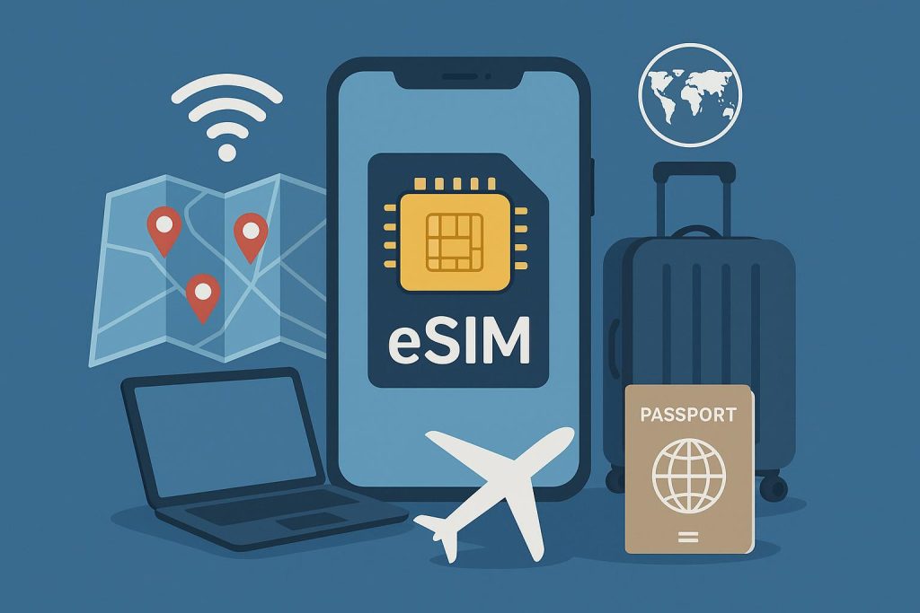 7 Powerful Reasons Every Digital Nomad Should Use a Trusted eSIM Travel gadgets, laptop, smartphone, and eSIM card essentials for digital nomads on the move