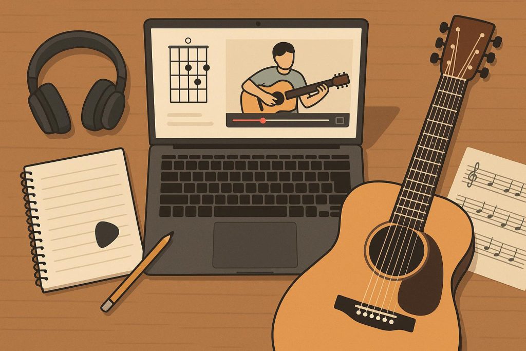 How to Learn Guitar Online: Step-by-Step Guide & Where to Learn Acoustic guitar on a desk with laptop and sheet music for online guitar learning guide