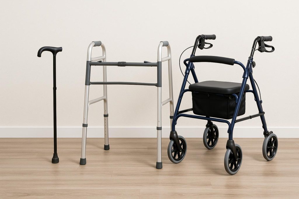 Various mobility aids including canes, walkers, and rollators arranged side by side indoors