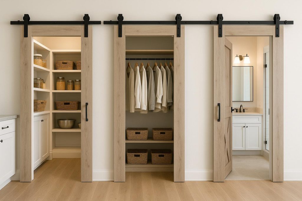 Sliding barn door installed in a modern home separating a pantry from the kitchen area