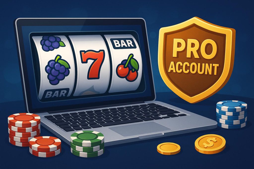 Pro account badge on a digital slot machine interface with spinning reels and casino chips