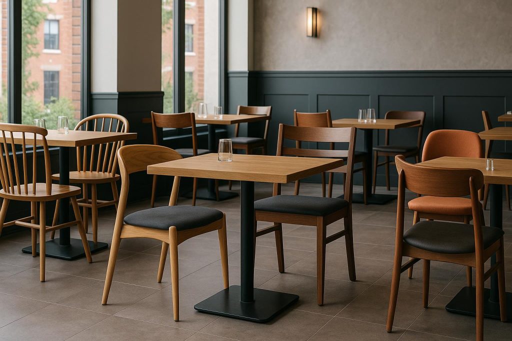A Practical Guide to Choosing Restaurant Chairs for Daily Commercial Life Modern restaurant chairs arranged around dining tables in a contemporary commercial dining space