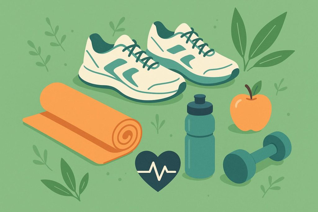 Building a Healthy Lifestyle Starts with Daily Movement Colorful fitness equipment arranged on a mat promoting daily physical activity and healthy habits