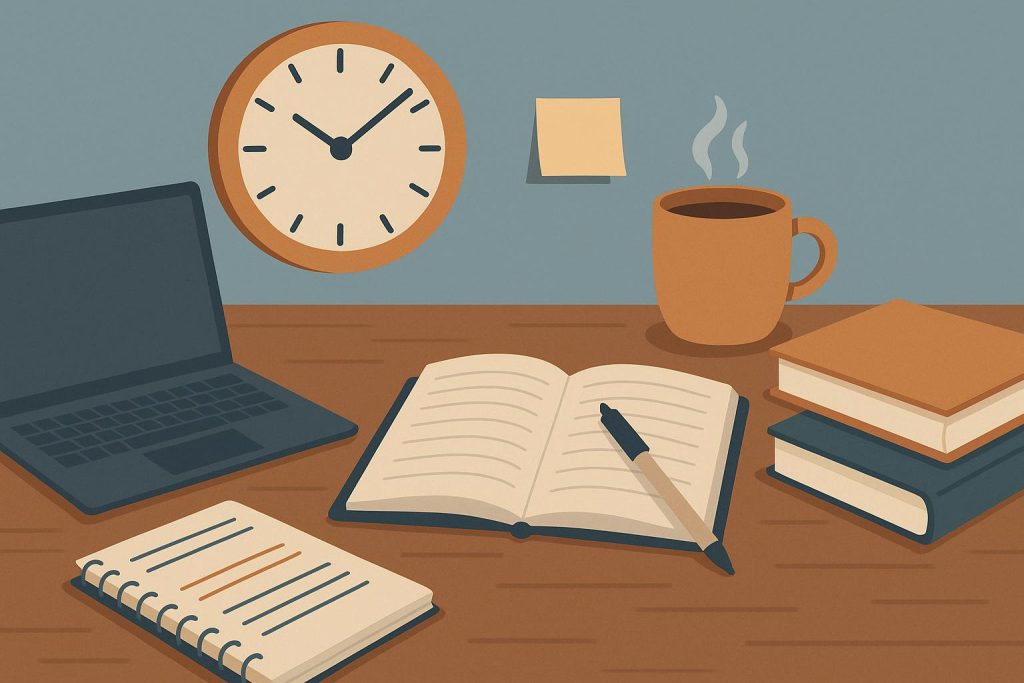 How to Study Around a Full-Time Job Without Burning Out Desk with open laptop, planner, coffee, and study materials for balancing work and study tasks