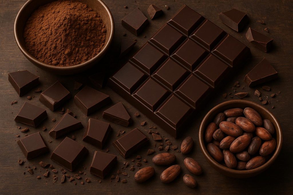 The 5 Surprising Benefits of Chocolate (Especially Dark Chocolate) Assorted dark chocolate bars and pieces on a rustic table, highlighting health benefits