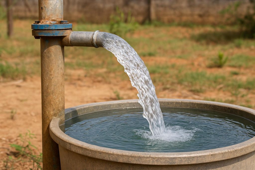 Clear bore well water in a container showing unexpected cleanliness and purity