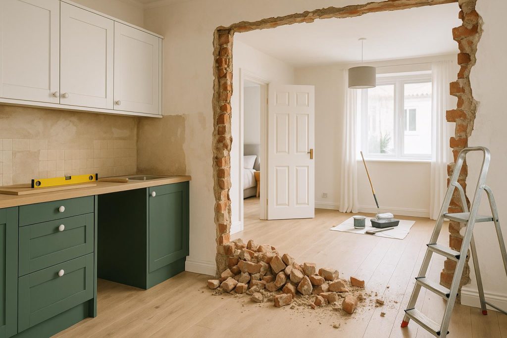 The Renovation Domino Effect: Why One Room Rarely Stays One Room Modern kitchen seamlessly connected to updated living room, illustrating home renovation trends