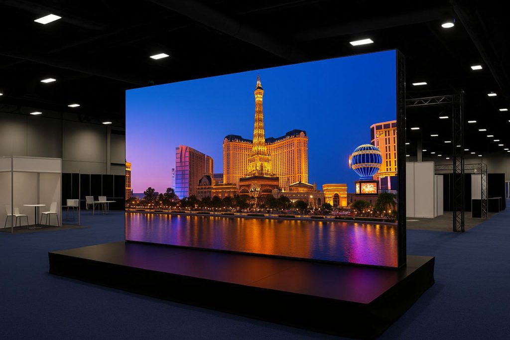 LED video wall setup at a Las Vegas trade show showcasing rental solutions for exhibitors