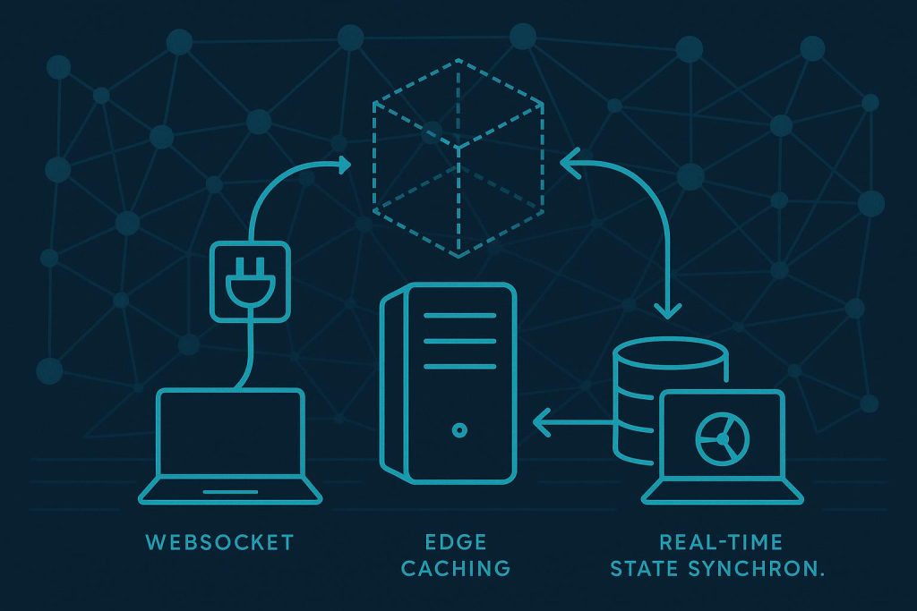 Abstract network diagram illustrating WebSockets, edge caching, and real-time synchronization