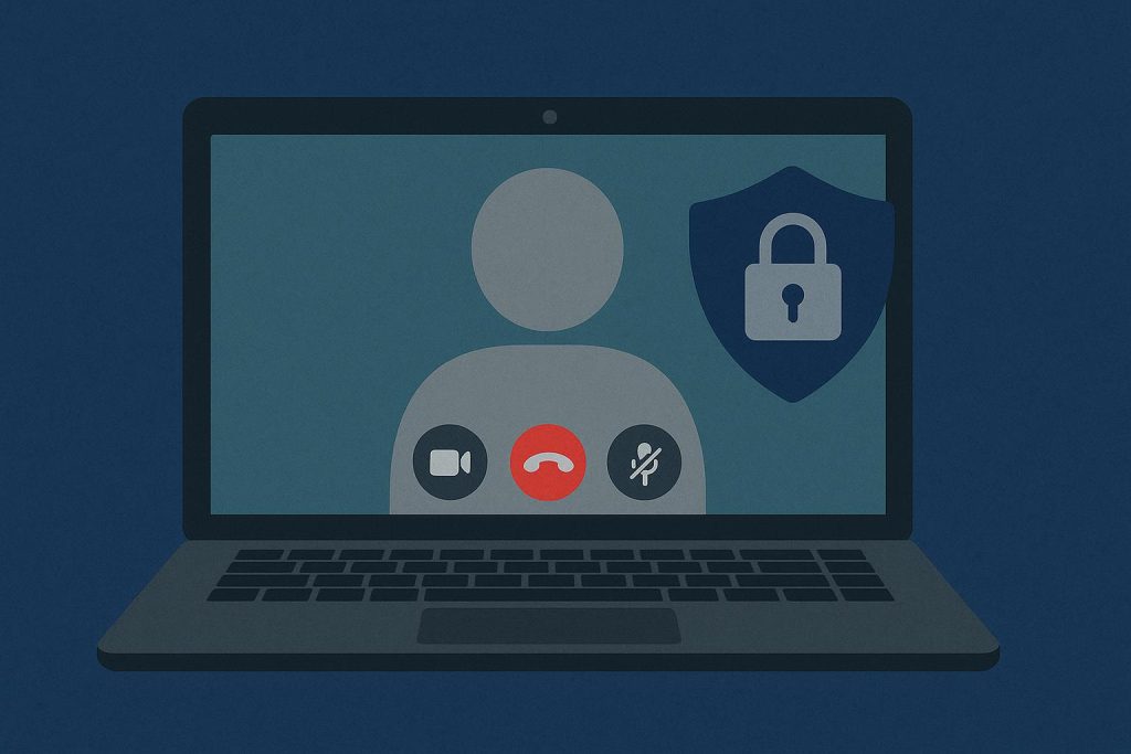 Laptop screen displaying video call privacy settings menu for secure online communication