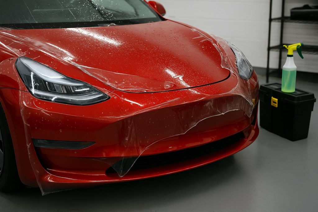 What Tesla Owners in Toronto Get Wrong About Paint Protection Film Quotes Tesla Model 3 receiving paint protection film at Toronto auto shop for accurate quote comparison