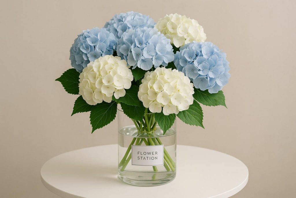 Cloud-Like Elegance: Why Fresh Hydrangeas from Flower Station Make the Perfect Gift Fresh white hydrangea bouquet arranged in a decorative vase, highlighting elegant gift appeal.