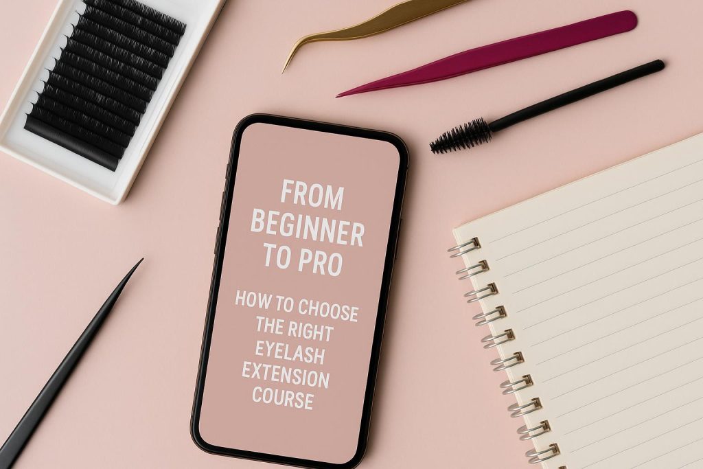 From Beginner to Pro: How to Choose the Right Eyelash Extension Course Eyelash extension course materials, lashes, and tools displayed for training and certification