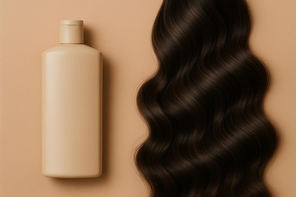 Bottles of shampoo next to thick, healthy hair, illustrating lightweight options for thick hair