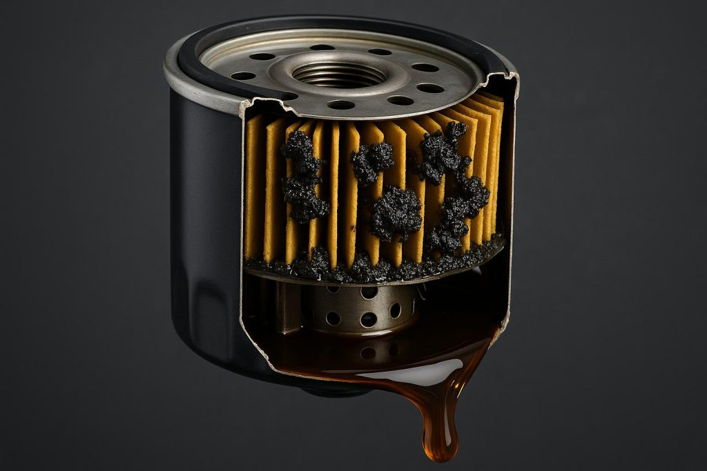 Close-up of oil filter trapping microscopic contaminants in engine oil for efficient filtration