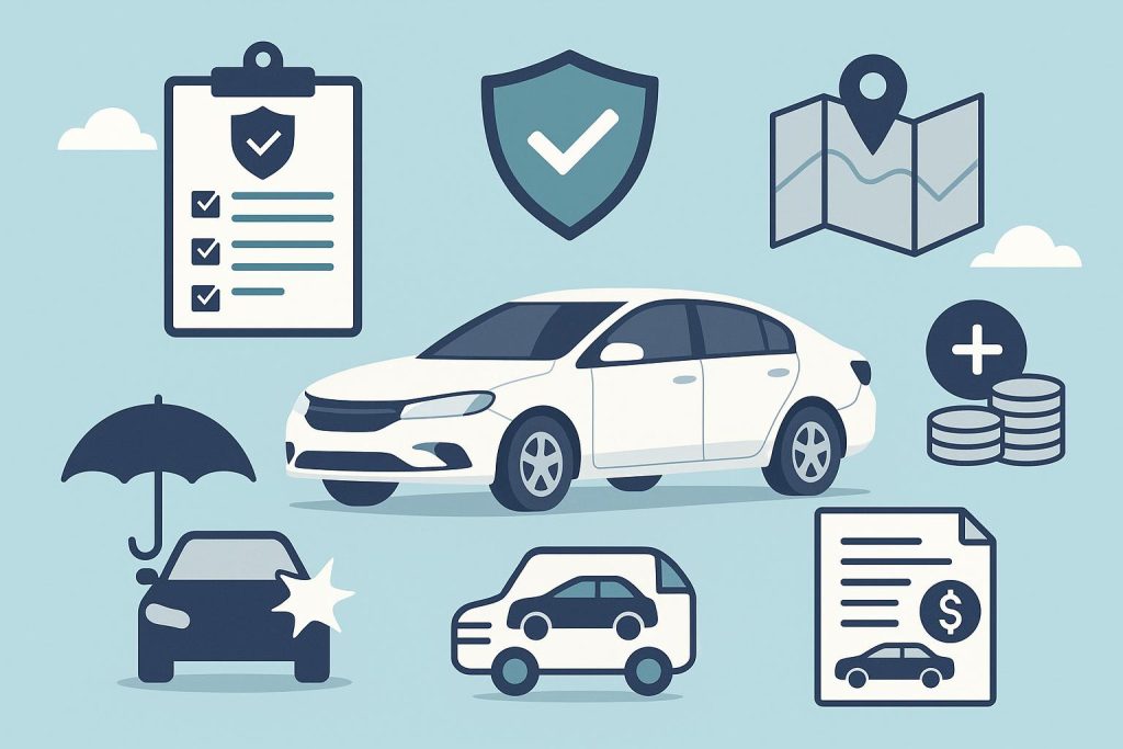 Car insurance policy with add-on options, icons for benefits, and extended coverage features