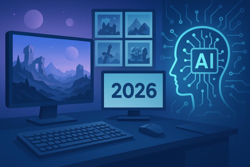 AI-generated fantasy game assets displayed on a computer screen in a modern game development studio