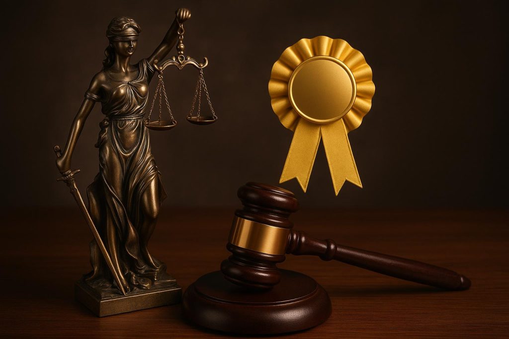 Scales of justice statue with gavel in front of Albuquerque courthouse, personal injury law