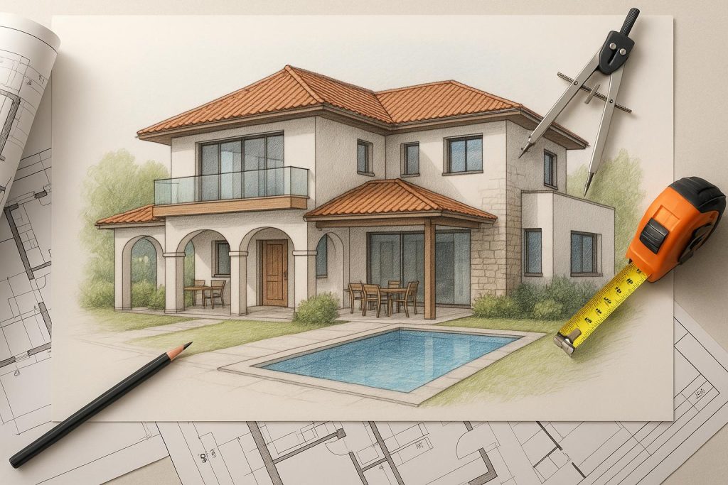 Modern villa exterior showcasing renovation design elements and upgraded architectural features
