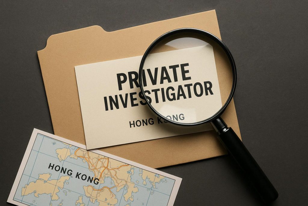 Magnifying glass over Hong Kong city map representing selecting a reputable private investigator
