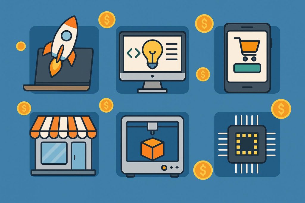 Seven Profitable Tech Business Ideas For Beginners Various technology devices and startup elements representing profitable tech business ideas