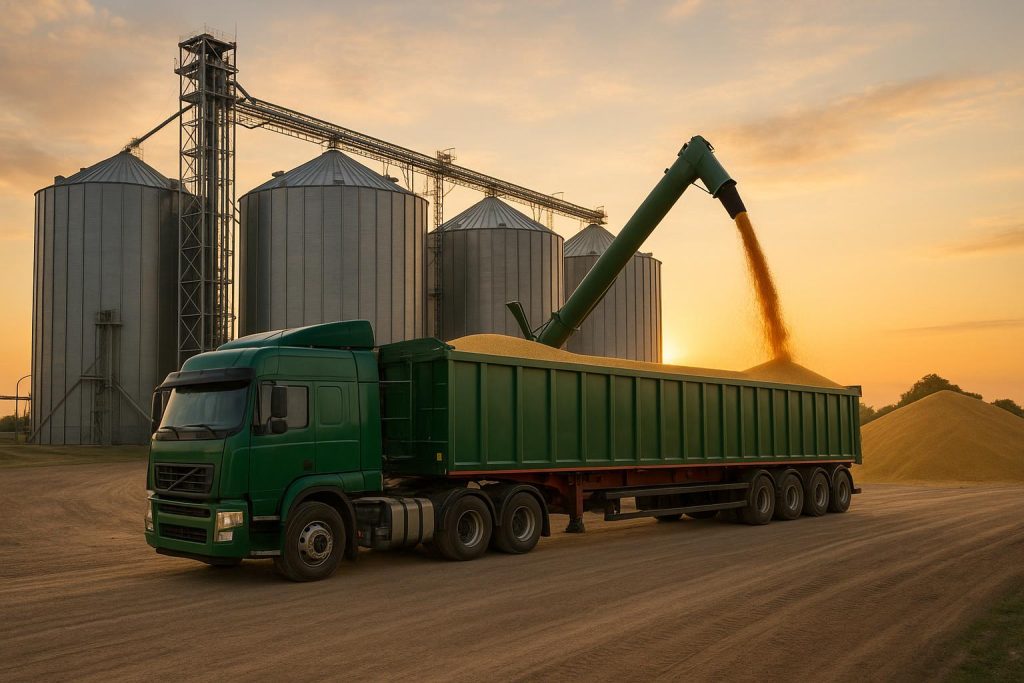 Modern agricultural freight trucks transporting bulk crops across a rural landscape