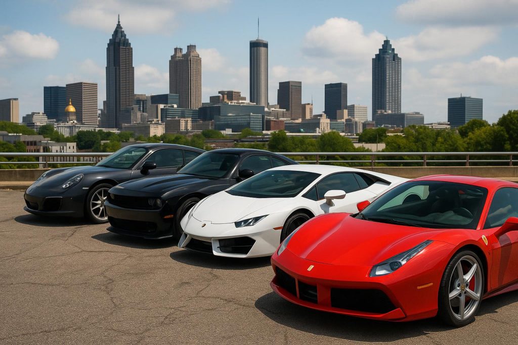 4 Atlanta Exotic Car Rental Mistakes First-Timers Should Avoid Luxury sports cars parked in Atlanta, highlighting common exotic car rental mistakes to avoid