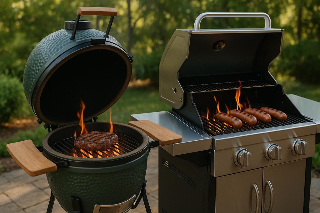 Jammie Avila: Why Ceramic Grills Cook Differently From Regular Gas Grills Ceramic grill side by side with a gas grill, highlighting differences in cooking method