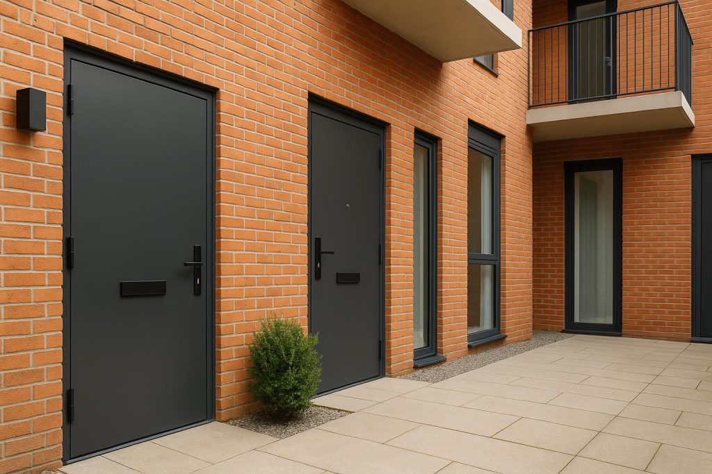 PAS 24 Security Doors for Residential and Mixed-Use Buildings Modern PAS 24 security doors installed in a residential and mixed-use building entrance.