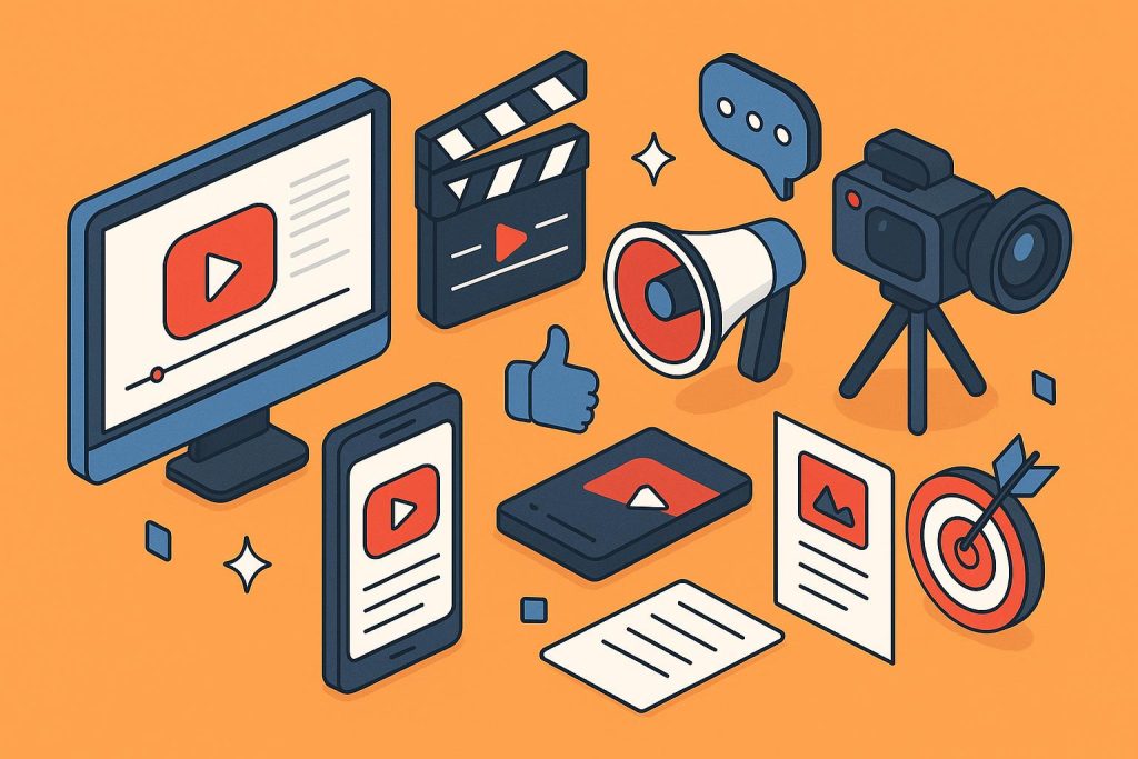 FMO Media Breaks Down the Different Types of Video Marketing and Content Creation Agencies Various video marketing and content creation agency concepts with digital marketing icons