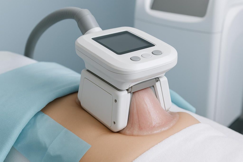 Cryolipolysis procedure highlighting noninvasive fat reduction using cooling technology