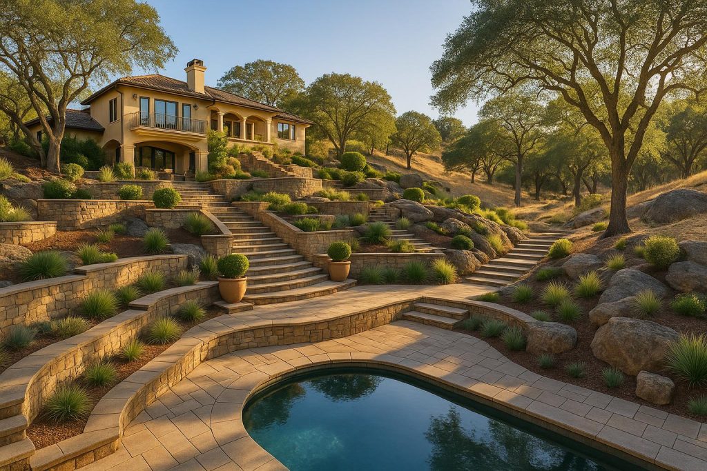 Architectural Hardscaping and Hillside Terracing: Designing Multi-Tier Outdoor Living Environments Luxury Granite Bay estate with multi-tiered hardscaping, heritage oaks, and granite outcroppings