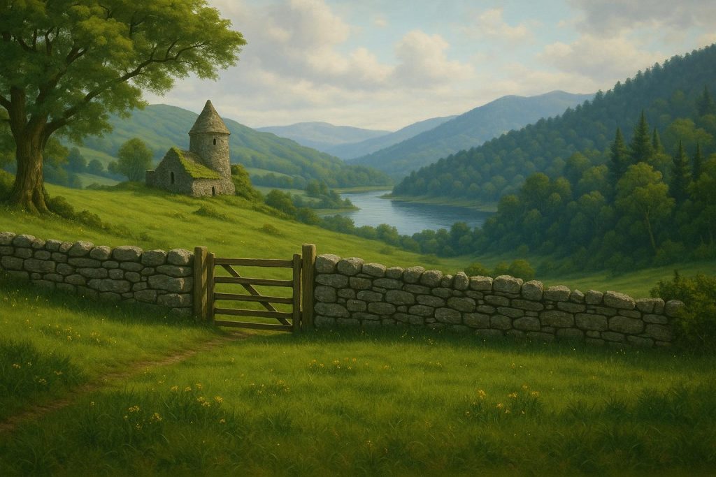 Where Ireland Meets the Ozarks Green Irish landscape blending with rolling Ozark hills under a partly cloudy sky