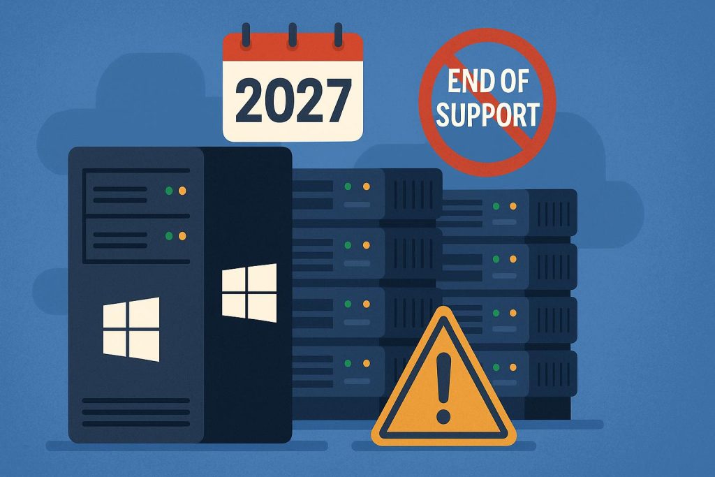 Windows Server 2016 End of Support Is Approaching: Why Waiting Until 2027 Will Paralyse Your Business Windows Server 2016 approaching end of support warning on server racks in data center