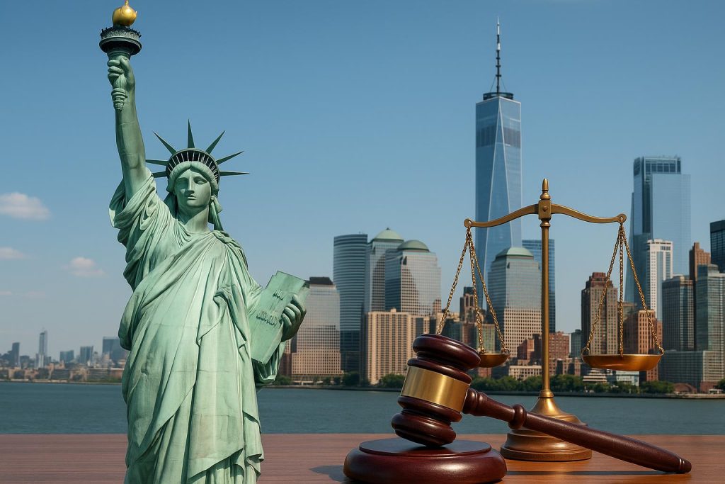 Skyline of New York City with law scales highlighting top immigration and personal injury lawyers