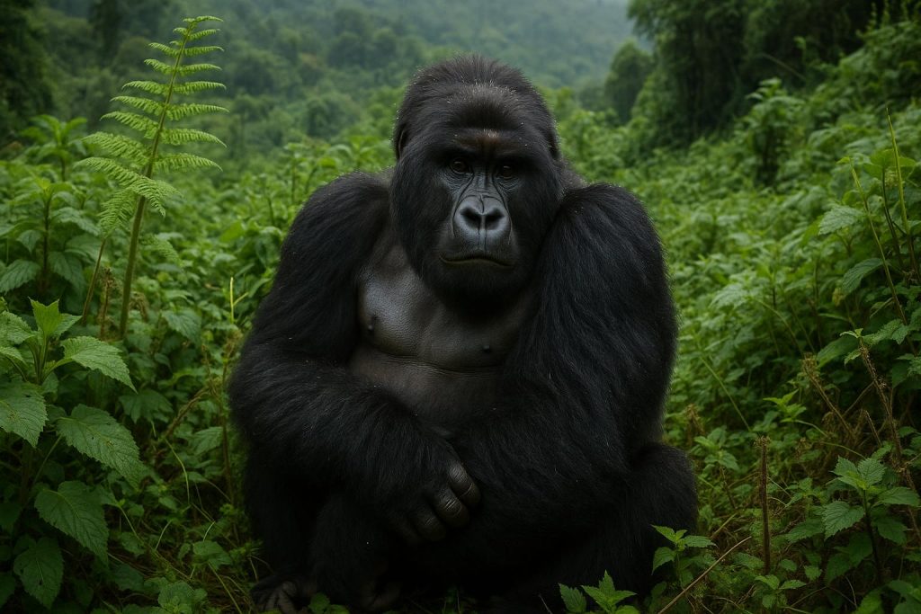 Rwanda Gorilla Trekking Experience Mountain gorilla in lush Rwandan forest during gorilla trekking adventure