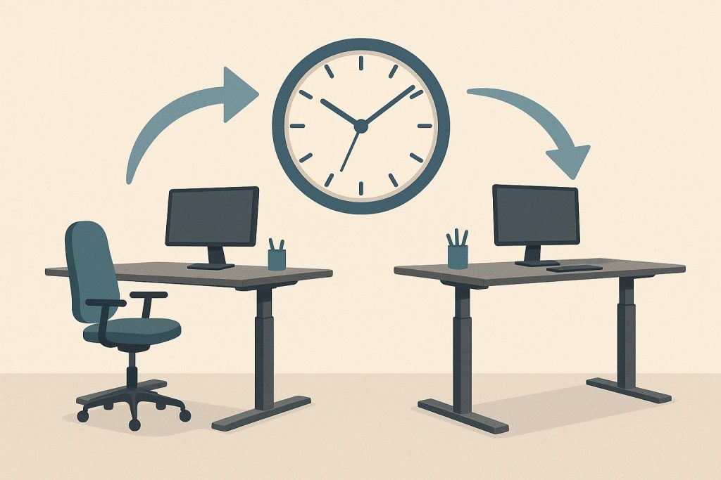 When Should You Switch Between Sitting and Standing at Work? Office desk setup with adjustable standing desk and ergonomic chair promoting healthy work habits