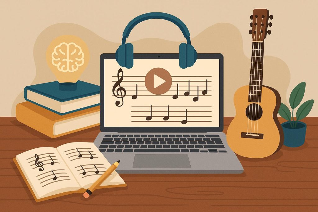 Online Music Education: A Smart Investment in Your Child’s Cognitive Development Child learning music online with headphones, laptop, and digital musical notes for cognitive growth