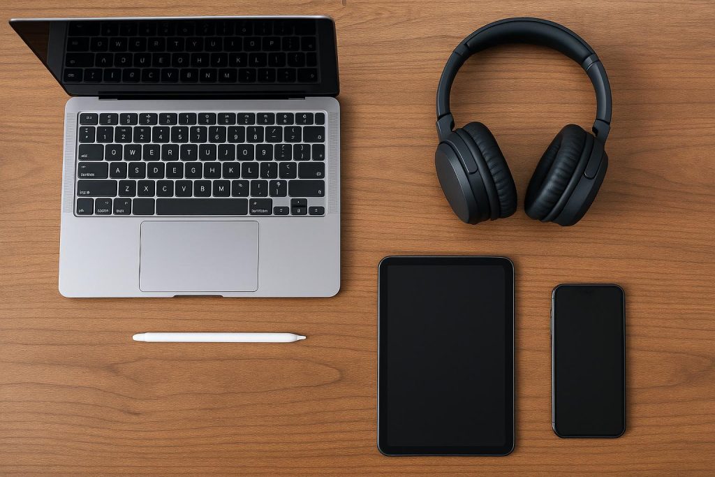 4 Must-Have Tech for Students in College Laptop, headphones, smartphone, and tablet on a desk representing essential college tech