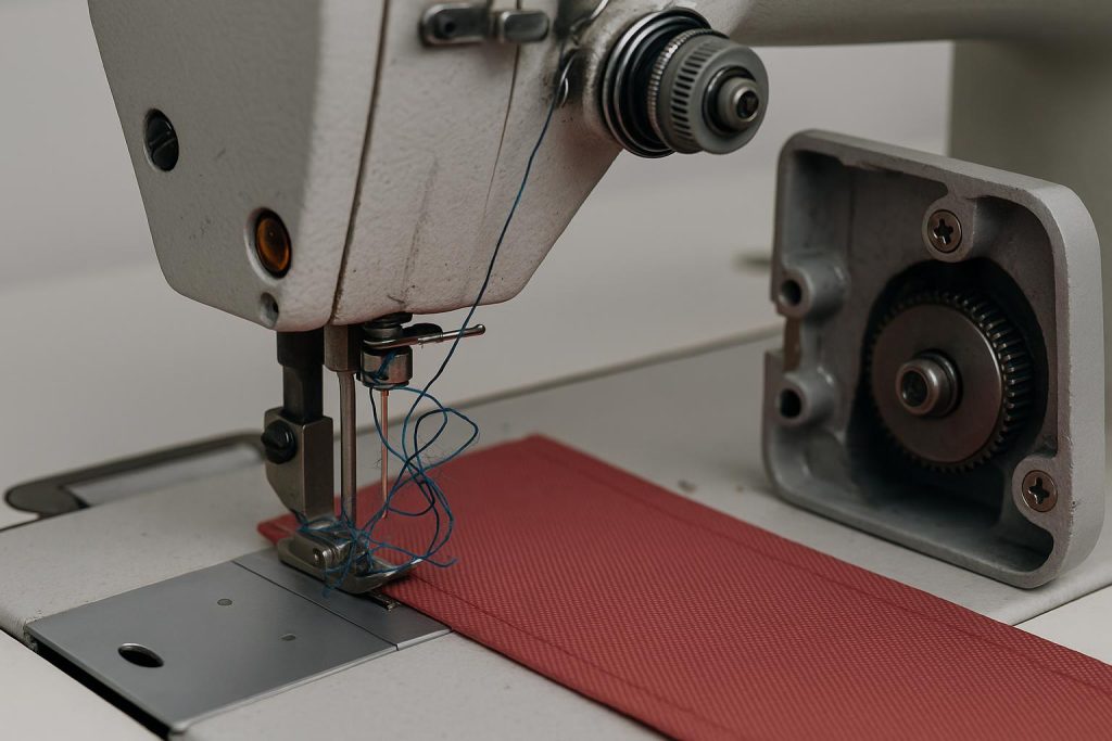 Common Industrial Sewing Machine Problems and How to Prevent Them Close-up of industrial sewing machine with highlighted threading and tension components for maintenance