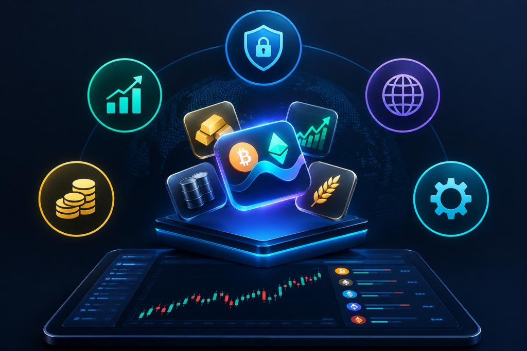 5 Features of the Best Platforms for Trading Synthetic Assets Digital dashboard displaying charts representing synthetic asset trading platform features